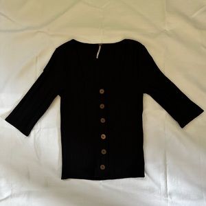 Free People Central Park Ribbed  Top Blouse 3/4 Sleeve Size  Medium Black